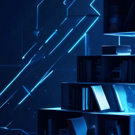 Ein modernes, futuristisches Bücherregal mit einer blauen und schwarzen Farbgestaltung. Die Regale sind transparent und wirken technologisch, während sie Bücher in verschiedenen Positionen präsentieren. Die Hintergrundgestaltung besteht aus abstrakten, geometrischen Formen.