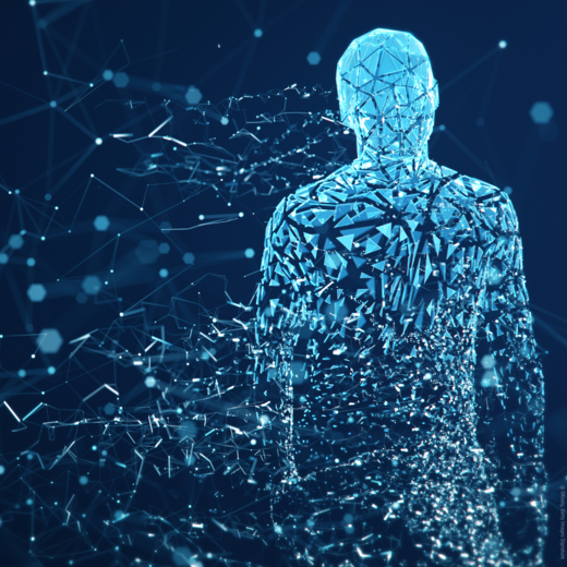 KI generierte, rudimentäre Darstellung eines Menschen auf blauem Hintergrund