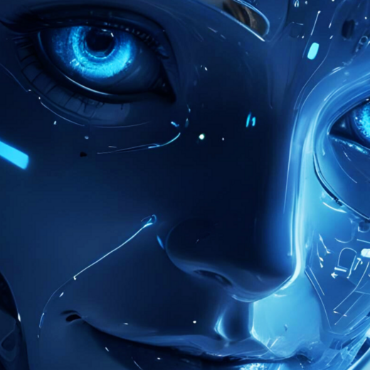 Ein futuristischer, anthropomorpher Roboter mit leuchtend blauen Augen. Das Gesicht ist sanft und freundlich gestaltet, um eine menschliche Erscheinung zu vermitteln. Der Hintergrund ist dunkel und hebt die technologischen Elemente des Roboters hervor.