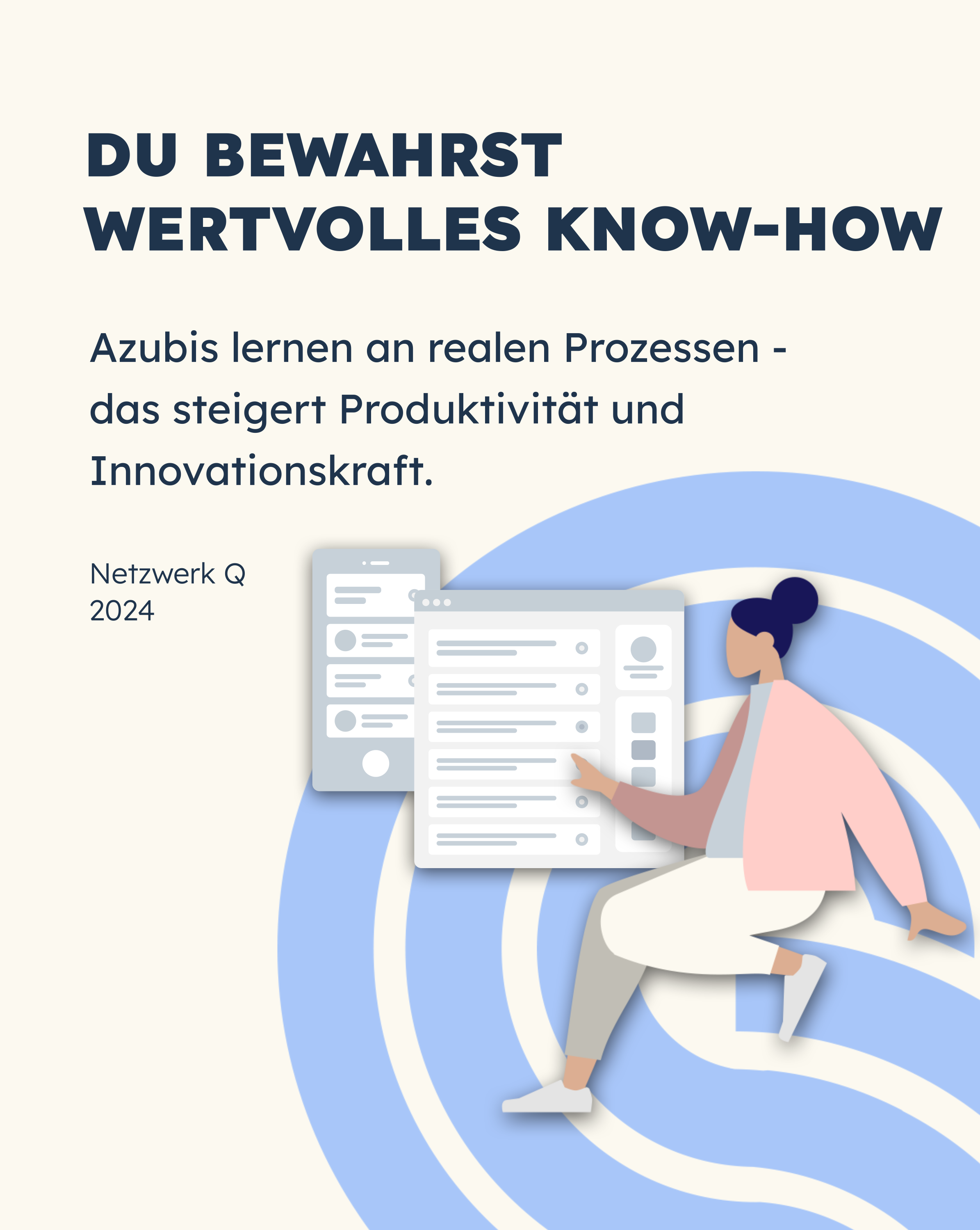 Textbeschreibung: Eine Illustration zeigt eine Person, die an einem Computer arbeitet, umgeben von einer grafischen Darstellung von Dokumenten. Der Text betont, dass Auszubildende durch das Lernen an realen Prozessen wertvolles Know-how erwerben, was die Produktivität und Innovationskraft steigert.