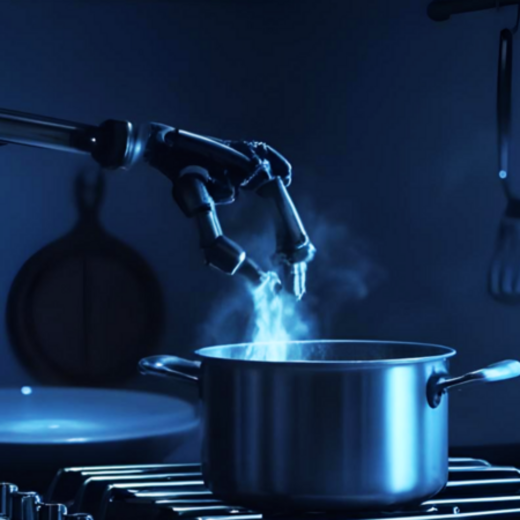 Eine Küchenumgebung bei schwachem Licht zeigt einen Roboterarm, der über einem kochenden Topf positioniert ist. Dampf steigt aus dem Topf auf, was darauf hindeutet, dass er auf einem Herd erhitzt wird. Der Fokus liegt auf der Interaktion zwischen dem Roboter und dem Kochvorgang.