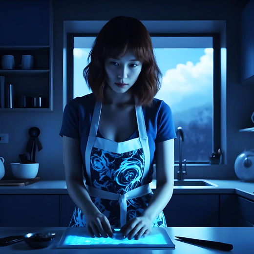Eine Frau steht in einer modernen, blauen Küche und arbeitet konzentriert an einem beleuchteten Arbeitsbereich. Sie trägt eine schlichte Schürze mit Blumenmuster und hat einen konzentrierten Gesichtsausdruck. Im Hintergrund sind Küchenutensilien und Fenster mit Blick auf den Himmel sichtbar.