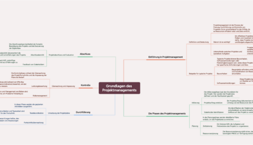 Eine Mindmap zu den Grundlagen des Projektmanagements. Sie enthält zentrale Themen wie Einführung, Kontrolle und Durchführung. Jeder Bereich behandelt wichtige Aspekte und Phasen des Projektmanagements, einschließlich Planung, Umsetzung und Evaluierung.