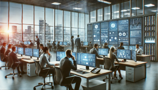 Ein modernes Büro mit mehreren Mitarbeitern, die an Schreibtischen mit Computermonitoren arbeiten. Im Hintergrund sind große Bildschirme mit Datenvisualisierungen und Grafiken zu sehen, während Fenster einen Blick auf eine Stadtlandschaft bieten.