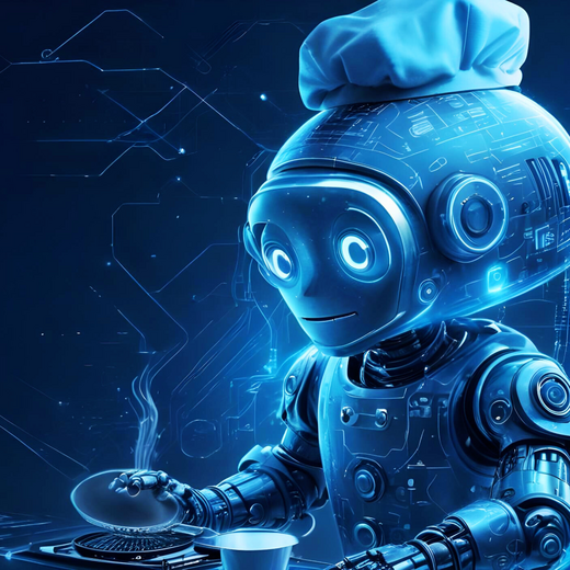 Ein roboterähnlicher Küchenchef mit einer Kochmütze bereitet in einer futuristischen Umgebung ein Gericht zu. Er steht vor einem Herd, auf dem Dampf aufsteigt, und hält eine Platte in der Hand. Die insgesamt blauen und technologischen Elemente betonen das Thema der Robotik in der Küche.