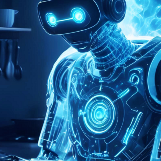 Ein futuristischer Roboter steht in einer Küche und bereitet eine Mahlzeit vor. Der Roboter strahlt ein sanftes, leuchtendes Licht aus, das seine digitale Natur unterstreicht. Im Hintergrund sind Kochutensilien und ein Herd sichtbar. Die Szene vermittelt ein Gefühl von technologischem Fortschritt im Kochen.