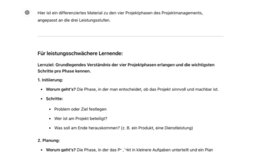 Die Abbildung enthält ein Dokument, das sich mit den vier Projektphasen des Projektmanagements beschäftigt. Es richtet sich an leistungsschwächere Lernende und erläutert die erforderlichen Schritte in den Phasen Initiierung und Planung.