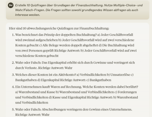 Der Text enthält eine Liste von Quizfragen zur Finanzbuchhaltung, einschließlich Fragen zu den Prinzipien der doppelten Buchhaltung, Eigenkapital und den Einfluss von Abschreibungen auf Gewinne. Es handelt sich um Multiple-Choice- und Wahr/Falsch-Fragen, die grundlegendes Wissen abfragen.