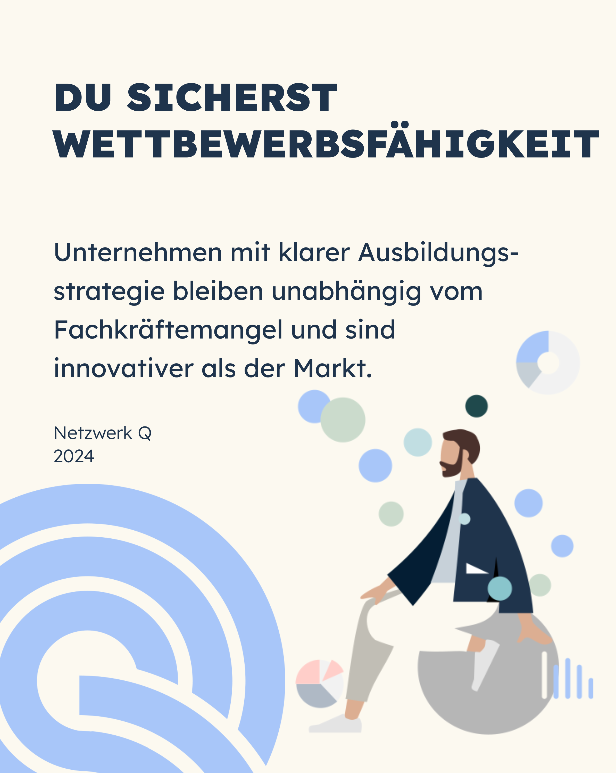 Text für Bildschirmleser: 

Titel: "Du sicherst Wettbewerbsfähigkeit". 

Untertitel: "Unternehmen mit klarer Ausbildungsstrategie bleiben unabhängig vom Fachkräftemangel und sind innovativer als der Markt." 

Netzwerk Q, 2024.