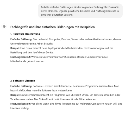Text enthält Erklärungen zu Fachbegriffen in der IT-Branche, darunter „Hardware-Beschaffung“ und „Software-Lizenzen“. Jede Erklärung bietet Beispiele und Nutzungskontexte, um das Verständnis zu fördern, besonders für Unternehmen, die neue Geräte oder Programme anschaffen möchten.