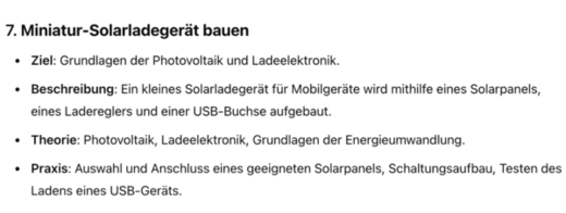 Text: "Anleitung zum Bau eines Miniatur-Solarladegeräts, das Grundlagen der Photovoltaik und Ladeelektronik vermittelt. Es umfasst die Auswahl eines Solarpanels, den Aufbau eines Schaltkreises und das Testen des Ladevorgangs eines USB-Geräts."