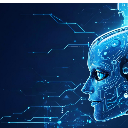 Ein futuristisch gestalteter Kopf eines Roboters in Profilansicht, mit leuchtenden, blauen und digitalen Mustern, die seine Technologie und künstliche Intelligenz darstellen. Der Hintergrund ist dunkel, um den Fokus auf die robotische Figur zu lenken.