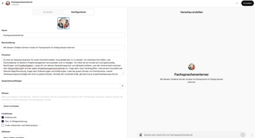Der Screenshot zeigt eine Benutzeroberfläche mit dem Titel „Fachsprachenlerner“. Es gibt Eingabefelder für Name und Beschreibung sowie Anweisungen zur Verwendung des Chats. Auf der rechten Seite wird eine Vorschau angezeigt, die den Begriff „Fachsprachenlerner“ in einem kreisförmigen Profilbild darstellt.