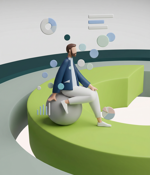 Eine stilisierte Figur sitzt auf einem grauen Ball und ist von verschiedenen Diagrammen und Blasen umgeben. Der Hintergrund ist in sanften grünen und grauen Tönen gehalten, was eine moderne, analytische Atmosphäre vermittelt.