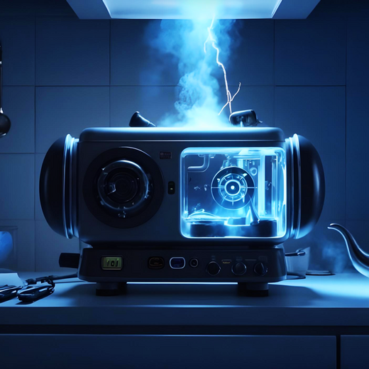 Ein futuristisch aussehendes Küchengerät steht auf einer Arbeitsplatte. Es hat ein transparentes Gehäuse, aus dem bläuliches Licht strömt. Elektrische Energie scheint darin aktiv zu sein, während der Raum schwach und dunkel beleuchtet ist. Küchenutensilien sind im Hintergrund sichtbar.