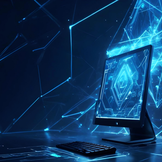 Ein moderner Computer mit einem Bildschirm, der eine leuchtende, digitale Grafik zeigt. Der Hintergrund ist dunkel, mit blauen, geometrischen Linien und Mustern, die Technologie und Fortschritt symbolisieren. Eine Tastatur liegt vor dem Bildschirm.