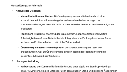 Der Inhalt beschreibt eine Fallstudie mit einer Analyse der Ursachen für Verzögerungen in einem Team. Wichtige Punkte sind mangelhafte Kommunikation, technische Probleme und Überlastung einzelner Teammitglieder. Zudem werden Lösungsansätze zur Verbesserung der Kommunikation und Teamarbeit vorgestellt.