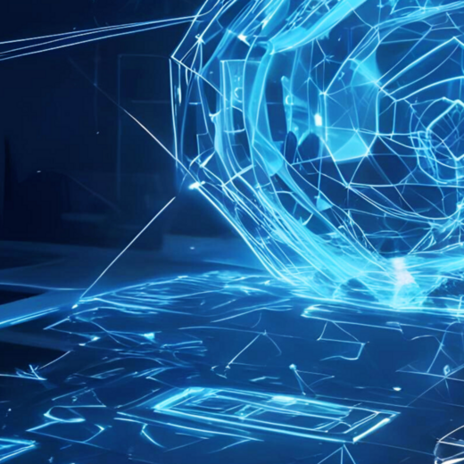 Eine Person sitzt an einem Tisch und betrachtet holographische, leuchtende Datenvisualisierungen in Blau. Die Umgebung ist dunkel, und die futuristische Technologie, die auf dem Tisch projiziert wird, scheint interaktiv und komplex zu sein.