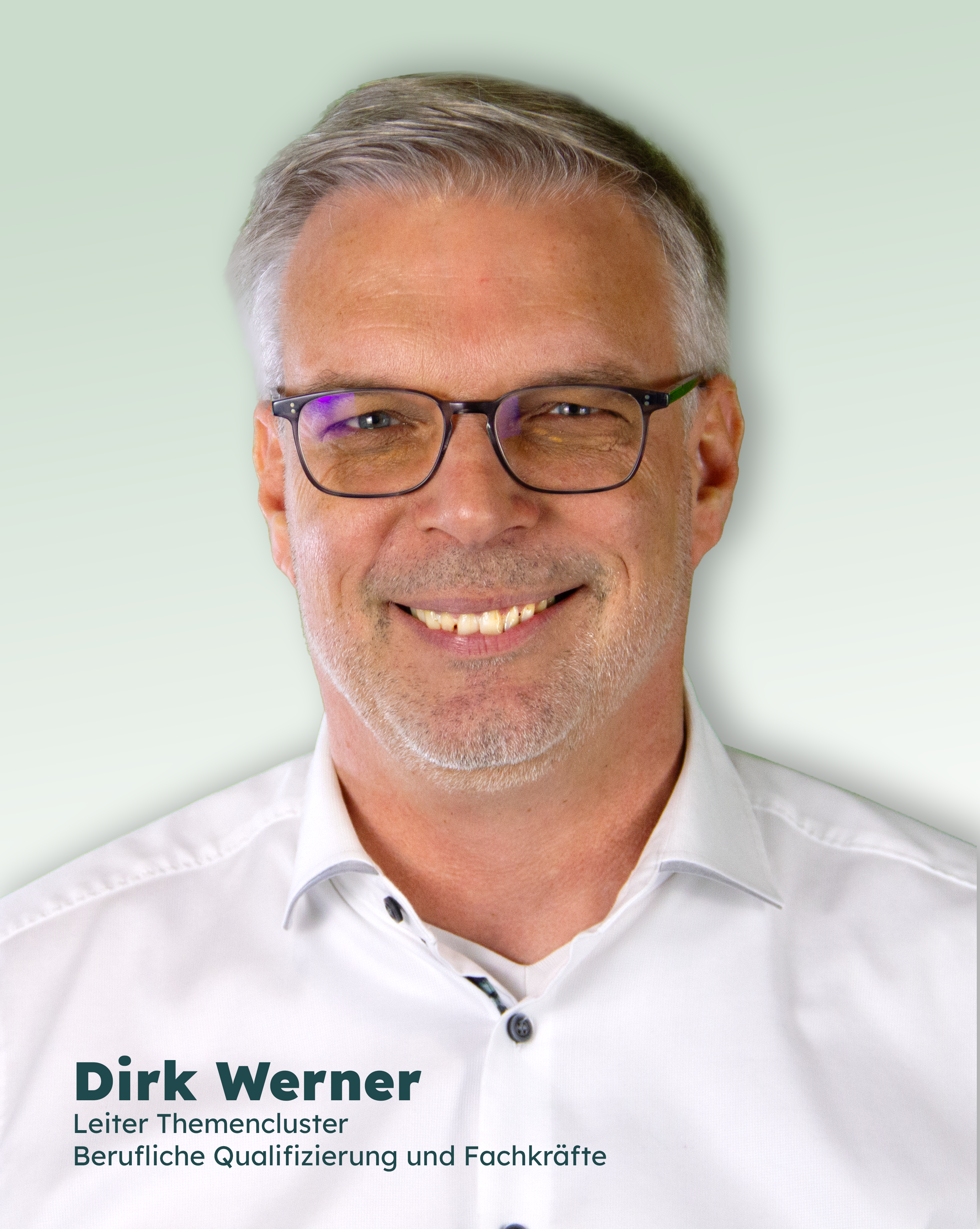 Porträt eines lächelnden Mannes mit Brille, der in einem weißen Hemd zu sehen ist. Den Hintergrund bildet ein sanfter Farbverlauf. Unter dem Bild steht der Name „Dirk Werner“ und seine Funktion als „Leiter Themencluster Berufliche Qualifizierung und Fachkräfte“.