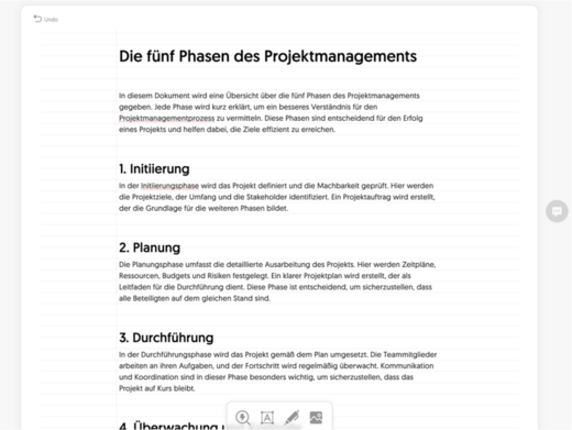 Das Bild zeigt eine Übersicht über die fünf Phasen des Projektmanagements: Initiierung, Planung, Durchführung, Überwachung und Abschluss. Jede Phase wird kurz beschrieben, um ein besseres Verständnis für den Projektmanagementprozess zu vermitteln.