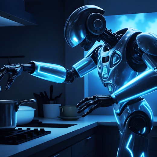 Ein futuristischer Roboter mit leuchtenden blauen Akzenten rührt in einem Topf auf einem Herd in einer modernen Küche. Die Szene vermittelt eine Mischung aus Technologie und Kochen.