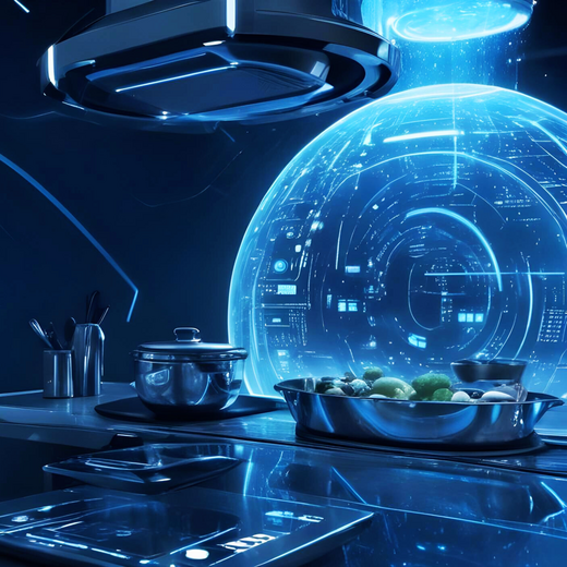 Eine futuristische Küche mit einem holografischen Display im Hintergrund. Auf einer modernen Küchenarbeitsplatte stehen Töpfe und eine Schüssel mit frischem Gemüse. Die Atmosphäre ist technologisch und stilvoll, mit blauer Beleuchtung und digitalen Elementen.