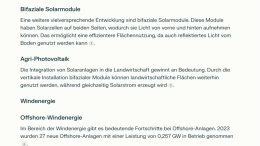 Bifaziale Solarmodule nutzen Sonnenlicht von beiden Seiten zur effizienteren Flächenutzung. Agri-Photovoltaik integriert Solaranlagen in der Landwirtschaft, um landwirtschaftliche Flächen zu maximieren. Windenergie und Offshore-Windanlagen sind ebenfalls thematisiert, mit einem Fokus auf die Entwicklung und Nutzung dieser Technologien.