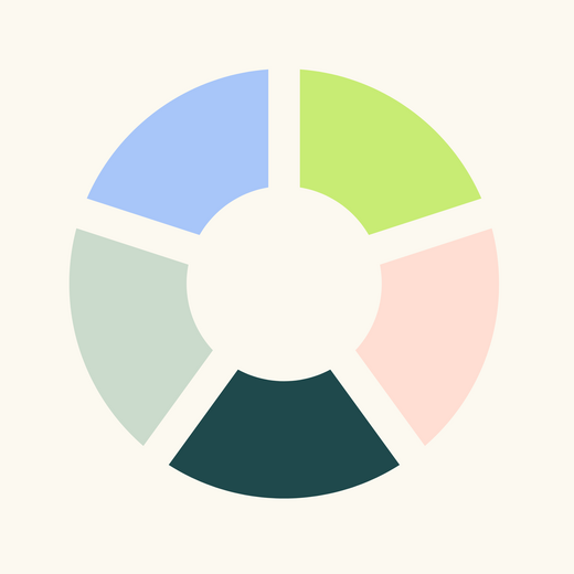 Eine einfache Grafik zeigt auf der linken Seite ein dreigeteiltes Dreieck in Blau- und Rosa-Tönen. Auf der rechten Seite befindet sich ein Kreis, der in sechs Abschnitte unterteilt ist und verschiedene sanfte Farben wie Grün, Blau und Rosa zeigt.