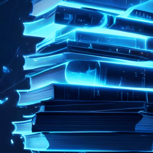 Eine stilisierte Darstellung von stapelnden Büchern in leuchtendem Blau auf einem dunklen Hintergrund. Um die Bücher herum sind digitale Elemente angedeutet, die den Eindruck von Technologie und Wissen vermitteln.
