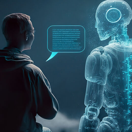 Mensch spricht mit digitalem Hologramm einer KI-Figur