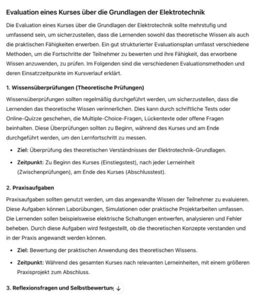 Eine textuelle Zusammenfassung des Kurses über Elektrotechnik wird gegeben. Der Kurs bewertet theoretische Prüfungen, Praxisaufgaben und Reflexionsfragen zur Einschätzung der Kenntnisse und Fähigkeiten der Teilnehmer. Ziel ist es, das Verständnis der Grundlagen der Elektrotechnik sicherzustellen.
