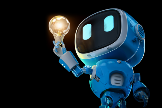 Ein kleiner, futuristischer Roboter in Blau hält in seiner rechten Hand eine leuchtende Glühbirne hoch. Er hat einen schwarzen, rechteckigen Kopf mit einem leuchtenden Gesichtsausdruck und große, runde Augen. Der Hintergrund ist schwarz, wodurch die Figur und die Glühbirne besonders hervorgehoben werden. Das Bild symbolisiert eine kreative oder innovative Idee im digitalen oder technologischen Kontext.