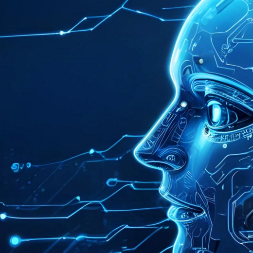 Ein futuristisches, digitales Profil eines menschlichen Gesichts, das in blauen Farben leuchtet. Es zeigt komplexe, technologische Muster und Linien, die eine Verbindung zu künstlicher Intelligenz oder modernen Technologien symbolisieren. Der Hintergrund ist dunkel, was den Fokus auf das Gesicht verstärkt.