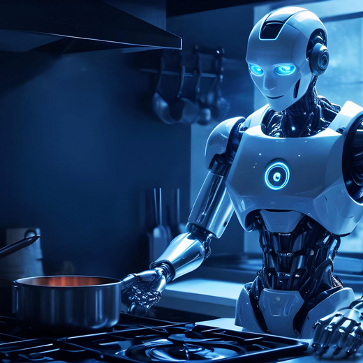 Ein humanoider Roboter steht an einer modernen Küchenzeile und rührt in einem Topf auf einem Herd. Die Umgebung ist schwach beleuchtet, mit einem futuristischen Design. Der Roboter hat leuchtende Augen und wirkt konzentriert beim Kochen.