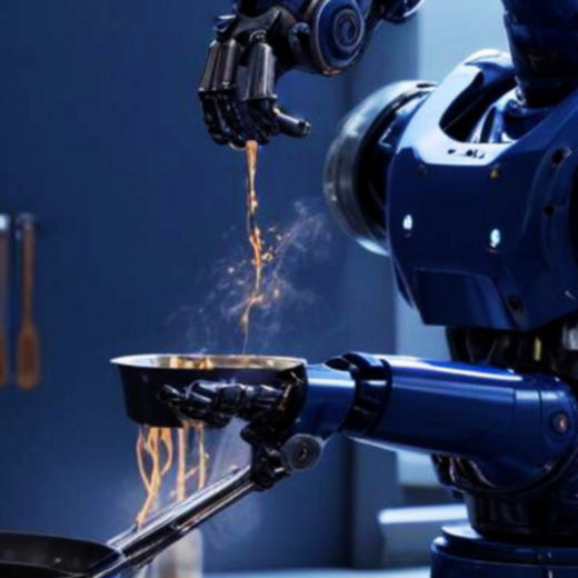 Ein roboterähnlicher Arm gießts Flüssigkeit aus einer Schüssel in einen Topf. Die Szene spielt in einer modernen Küche, umgeben von Kochutensilien. Dampf steigt aus dem Topf auf, was auf eine Kochaktivität hinweist.