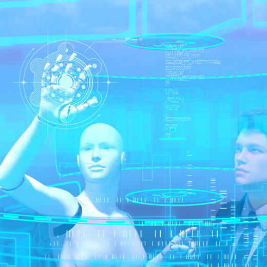 Ein Mensch und ein Roboter arbeiten zusammen in einer virtuellen Arbeitsumgebung. 