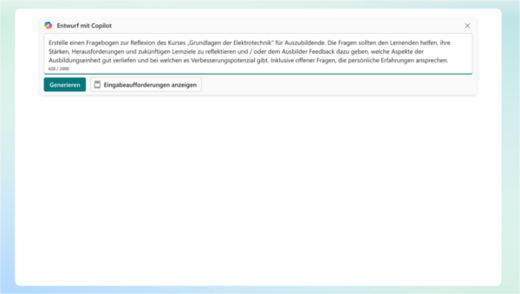Ein Textfeld zeigt den Titel "Entwurf mit Copilot" und enthält Anweisungen zur Erstellung von Fragen zur Reflexion eines Kurses über Elektrotechnik. Der Inhalt zielt darauf ab, Lernende zur Überprüfung und Verbesserung ihrer Erfahrungen anzuregen. Oben befindet sich eine Schaltfläche zum Generieren von Inhalten.