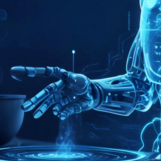 Ein futuristischer, holographischer Roboter greift mit einer Hand über einen Kochtopf. Aus dem Topf steigt Dampf auf, während eine leuchtende, digitale Technologie in der Szene dargestellt wird. Das Bild vermittelt eine Verbindung zwischen Robotik und Kochen.