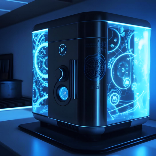 Ein moderner, futuristisch gestalteter Multikocher steht auf einer Küchentheke. Er ist beleuchtet und zeigt technische Grafiken auf der Oberfläche. Die Umgebung ist gedämpft erleuchtet, was den Fokus auf den Kocher lenkt.