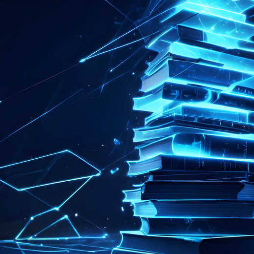Ein Stapel leuchtender Bücher vor einem dunklen Hintergrund, der mit blauen Lichtstrahlen umgeben ist. Die Bücher wirken futuristisch und digital, was eine moderne Atmosphäre schafft.