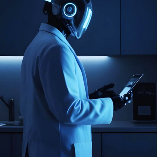 Ein humanoider Roboter in einem weißen Anzug steht in einer modernen Küche neben einem geöffneten Kühlschrank. Der Kühlschrank ist beleuchtet und enthält frisches Obst und Gemüse. Der Roboter hält ein Tablet in der Hand, während er den Inhalt des Kühlschranks betrachtet.