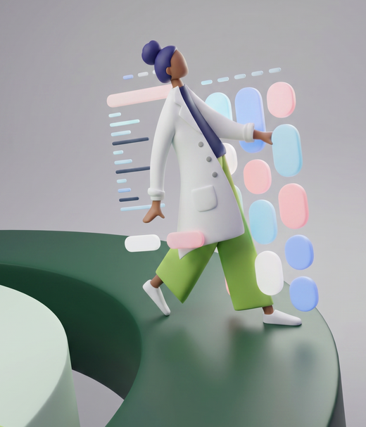 Eine stilisierte Figur in einem Laborkittel, die mit einem Tablet interagiert. Sie steht auf einer geschwungenen, mehrfarbigen Plattform. Der Hintergrund ist neutral, und neben der Figur sind farbige Schaltflächen und Datenvisualisierungen zu sehen.