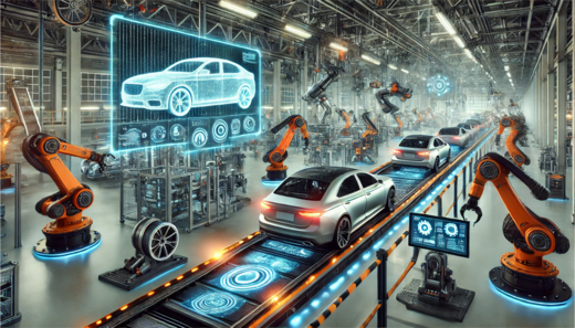 In einer modernen Fertigungshalle sind mehrere Autos auf einem Förderband zu sehen. An den Seiten befinden sich Roboterarme, die an den Fahrzeugen arbeiten. Über den Autos schwebt eine digitale Darstellung eines Fahrzeugs, ergänzt durch technische Icons und Anzeigen.