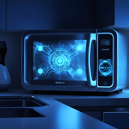 Eine moderne Mikrowelle steht auf einer Küchenarbeitsplatte. Der Bildschirm zeigt ein futuristisches, bläuliches Design mit Kreisen und digitalen Anzeigen. Im Hintergrund sind Küchenutensilien und ein spülendes Wasserhahn sichtbar, alles in dunkler Umgebung beleuchtet.