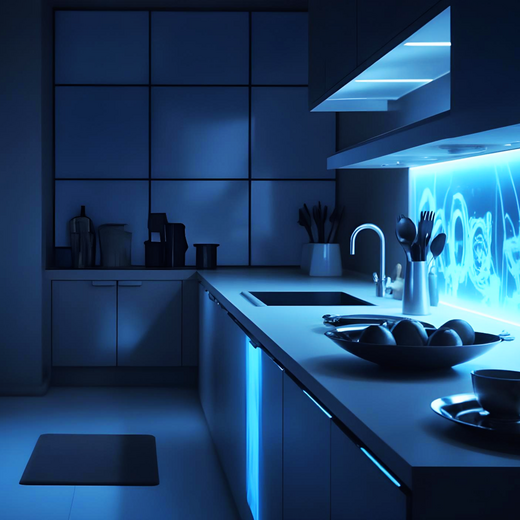 Eine moderne Küche in dunkler Umgebung, beleuchtet in blauen Tönen. Der Kühlschrank und der Herd sind sichtbar, ebenso wie eine Edelstahlspüle und eine Schüssel mit Obst auf der Arbeitsfläche. Die Wände sind teilweise mit beleuchteten Elementen dekoriert.
