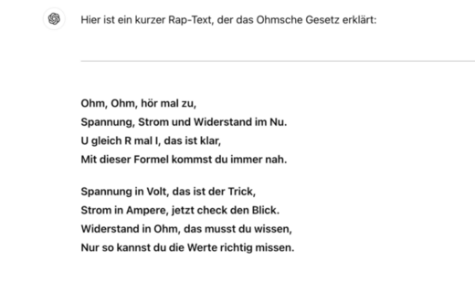 Ein Rap-Text, der das Ohmsche Gesetz erklärt. Er behandelt die Beziehungen zwischen Spannung, Strom und Widerstand in einer einprägsamen Weise und nennt die Formel U = R * I. Es werden die Einheiten Volt, Ampere und Ohm erwähnt.