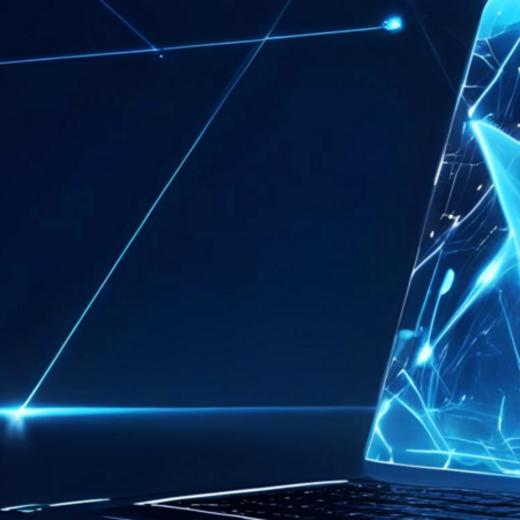 Ein Laptop mit einem futuristischen, leuchtenden Bildschirm, der digitale, geometrische Formen in Blau und Weiß zeigt. Der Hintergrund ist dunkel, wodurch die leuchtenden Elemente hervorstechen und eine technische Atmosphäre vermitteln.