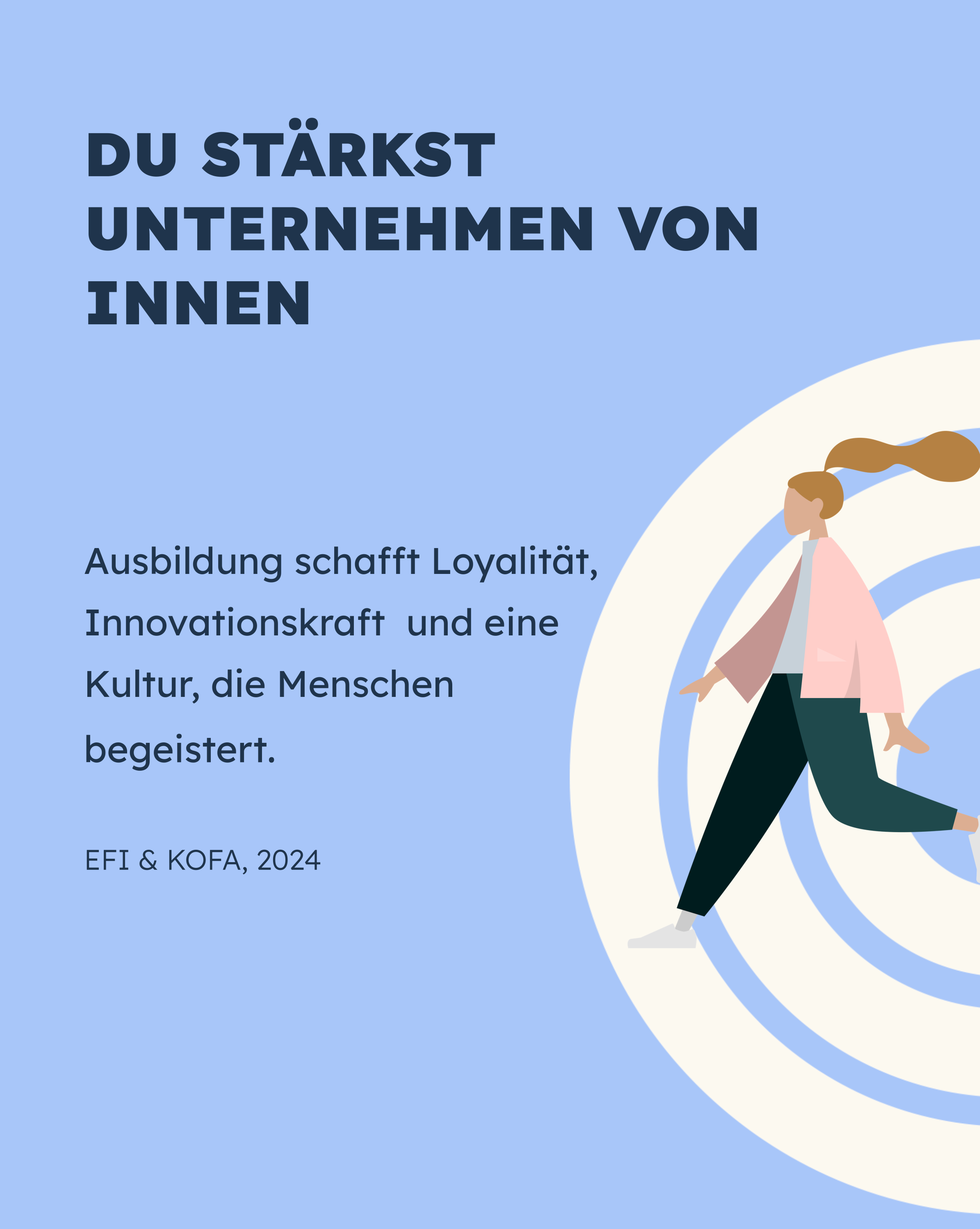 Eine Grafik mit dem Text "Du stärkst Unternehmen von innen". Darunter steht: "Ausbildung schafft Loyalität, Innovationskraft und eine Kultur, die Menschen begeistert." Die Gestaltung enthält eine Person, die mit einem skizzierten Kreis im Hintergrund interagiert. Die Quelle ist EFI & KOFA, 2024.