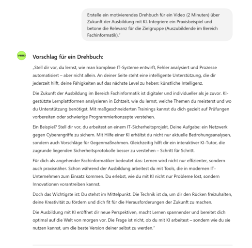 Vorschlag für ein Drehbuch zur Integration von KI in die Ausbildung. Es wird erklärt, wie KI-gestützte Lernmethoden und -tools genutzt werden können, um Lernprozesse zu automatisieren und zu verbessern, einschließlich praktischer Beispiele und Anleitungen zur Anwendung in verschiedenen Fachrichtungen.