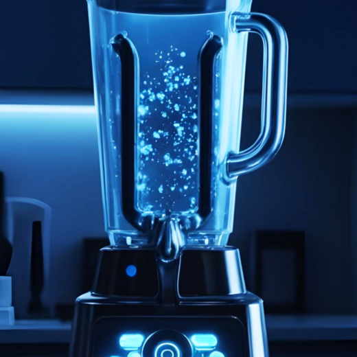 Ein schwarzer Mixer mit einem transparenten Behälter steht in einer eleganten, schwach beleuchteten Küche. Blaue Lichter um den Mixer leuchten, und im Behälter ist eine Flüssigkeit mit Bläschen zu sehen, die auf eine Mischung hinweist.